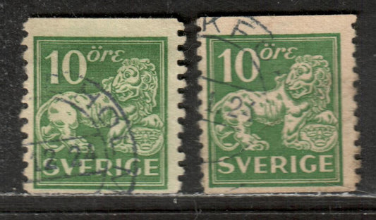 Lot 66 Sweden Facit#144Acz,ACC SG#124 10 ore Green 1920-1925 Wavy Lines Watermarked Arms And Standing Lion Issues, type I, Perf 10 Vert, Downward Sloping, Sheet Margin Letter & Downward Sloping Wmk, 2 Fine Used Singles, Estimated Value $22