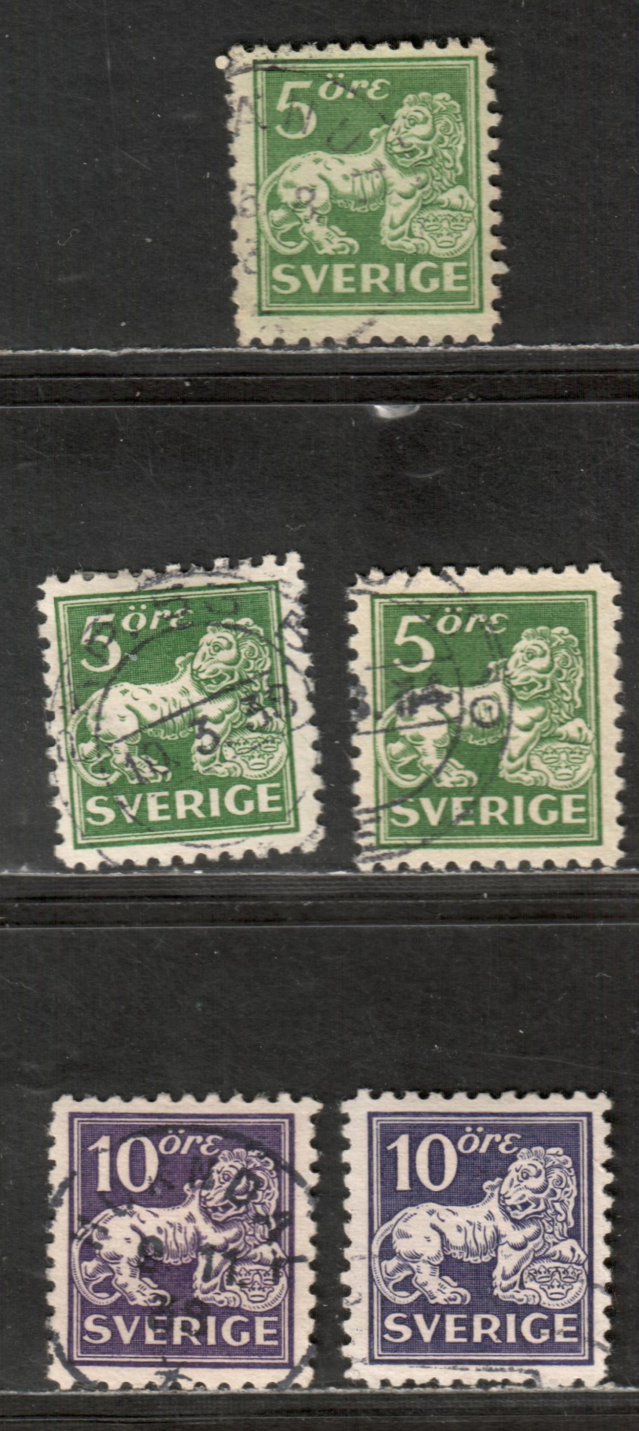 Lot 155 (C) Sweden Facit#143ca, 143d,Tyz ,143CC, 146c, 146cb SG#126/128 1920-1926 Standing Lions Issues, type II, Perf 10, Unwatermarked, With Shades, 5 F/VF Used Singles, Click on Listing to See ALL Pictures, Estimated Value $85