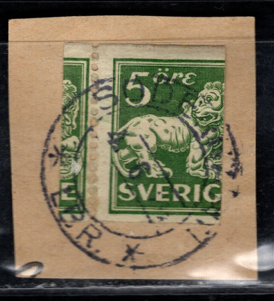 Lot 156 Sweden SC#132 [Facit 143Eavar] 5o Yellowish Green 1920-1926 Standing Lion Issue, Type 1, Perf 13, Unwatermarked, Miscut Single Tied To Piece, A Very Fine Used Single, Click on Listing to See ALL Pictures, Estimated Value $25