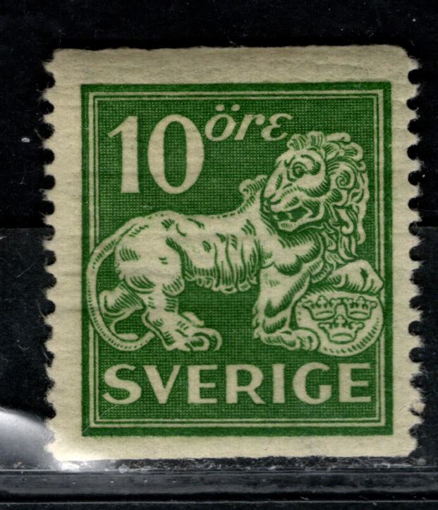 Lot 68 Sweden SC#137 [Facit 144Ecxz] 10o Green 1920-1926 Standing Lion Issue, Type I, Perf 13 Vertical, Upward Sloping Wmk & Sheet Margin Letters, A F/VFNH Single, Click on Listing to See ALL Pictures, Estimated Value $125