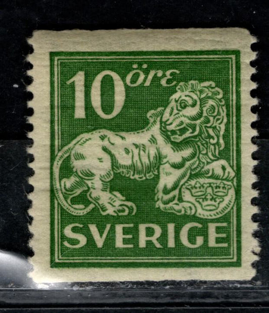 Lot 68 Sweden SC#137 [Facit 144Ecxz] 10o Green 1920-1926 Standing Lion Issue, Type I, Perf 13 Vertical, Upward Sloping Wmk & Sheet Margin Letters, A F/VFNH Single, Click on Listing to See ALL Pictures, Estimated Value $125