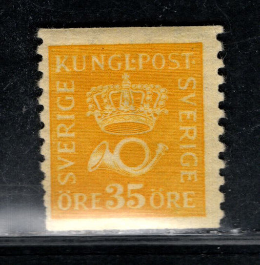 Lot 69 Sweden SC#160 [Facit 156cxz] 35o Yellow 1920-1934 Crown & Posthorn Issue, Type I, Upward Sloping Wmk & Sheet Margin Letters, A VGNH Single, Click on Listing to See ALL Pictures, Estimated Value $175