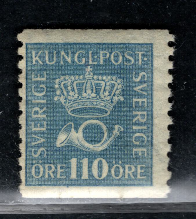 Lot 156 Sweden SC#163 [Facit 169cxz] 110o Light Blue 1920-1934 Crown & Posthorn Issue, Upward Sloping Wavy Lines Wmk + Sheet Margin Letters, A FNH Single, Click on Listing to See ALL Pictures, Estimated Value $20