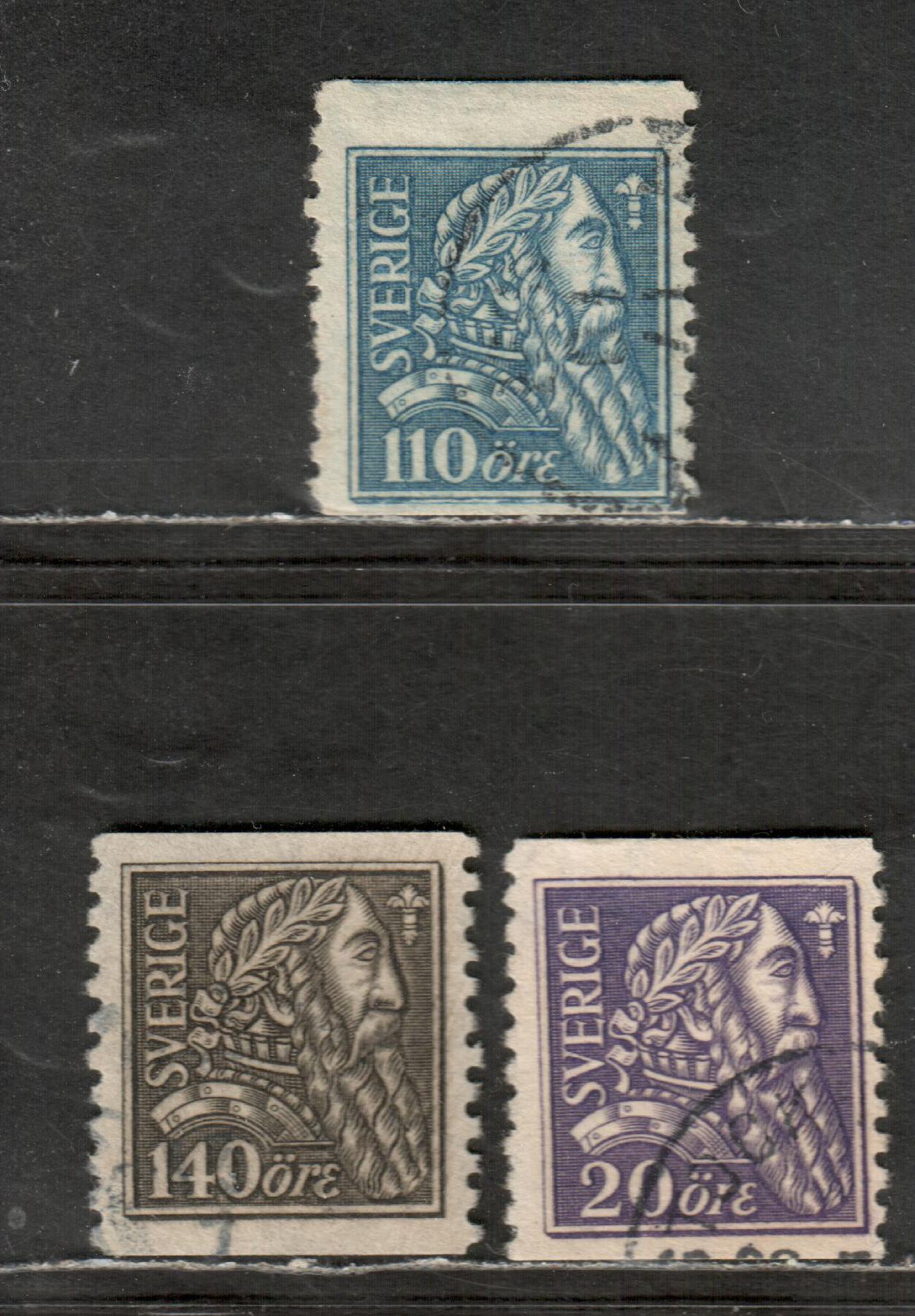 Lot 71 Sweden Facit#153bz(b),154bz,155bz SC#194/196 1921 Gustavus Vasa Issue, Watermarked With Sheet Margin Letters, 3 F/VF Used Singles, Click on Listing to See ALL Pictures, Estimated Value $115
