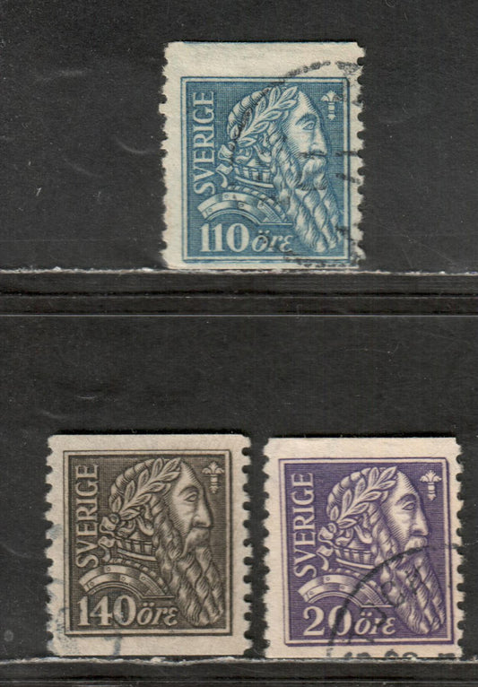 Lot 71 Sweden Facit#153bz(b),154bz,155bz SC#194/196 1921 Gustavus Vasa Issue, Watermarked With Sheet Margin Letters, 3 F/VF Used Singles, Click on Listing to See ALL Pictures, Estimated Value $115