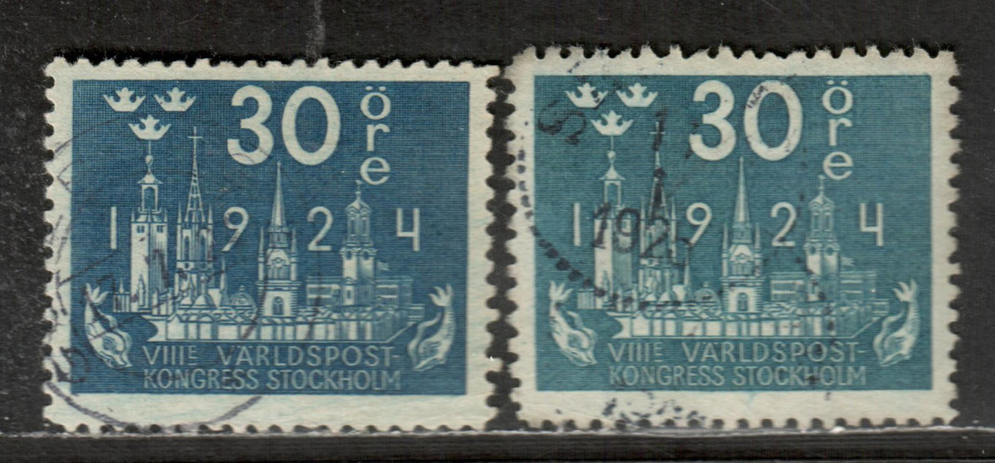 Lot 74 Sweden SC#202/202a 1924 UPU Congress Issue, 30 ore Deep Blue & Greenish Blue, 2 Very Fine Used Singles, Click on Listing to See ALL Pictures, 2022 Scott Classic Cat. $131