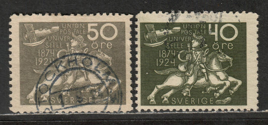 Lot 157 Sweden SC#220/222 1924 UPU Congress Issue, 40 ore Olive Green & 50 ore Grey, 2 Fine Used Singles, Click on Listing to See ALL Pictures, Estimated Value $47