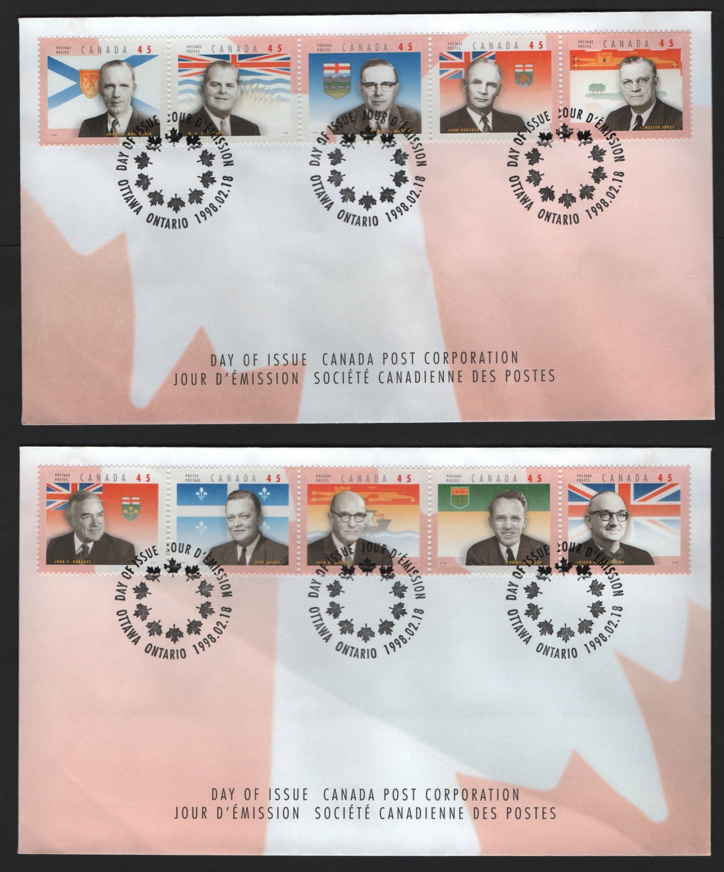 Canada #1709a-j 45c Multicoloured John Robarts - Walter Jones, 1998 Canadian Premiers, 2 VF Canada Post FDC's Franked With Strips Of 5 On HF Envelope