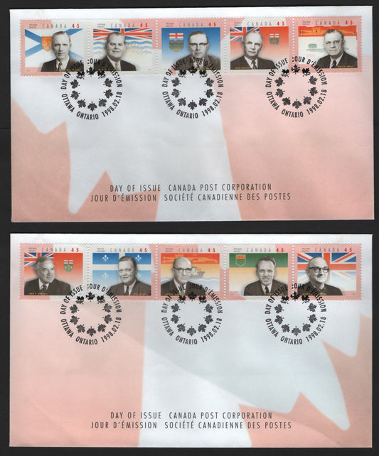 Canada #1709a-j 45c Multicoloured John Robarts - Walter Jones, 1998 Canadian Premiers, 2 VF Canada Post FDC's Franked With Strips Of 5 On HF Envelope