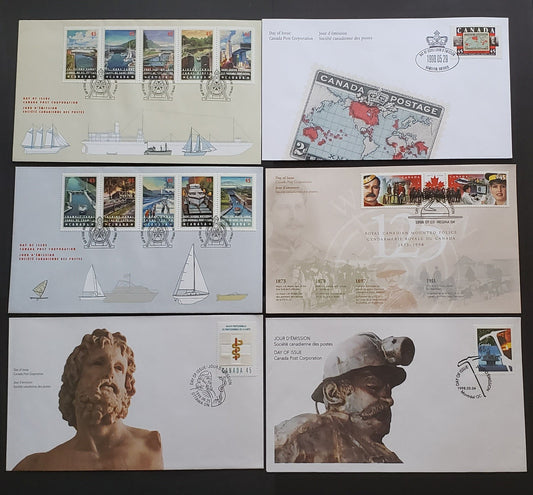 Canada #1721-1722, 1725-1737 45c Multicoloured Mining Images - Sault Ste Marie Canal, 1998 Mining - 125th Anniversary Of RCMP Issues, 6 VF Canada Post FDC's Franked With Singles, Pairs & Strips On DF & HB Envelopes