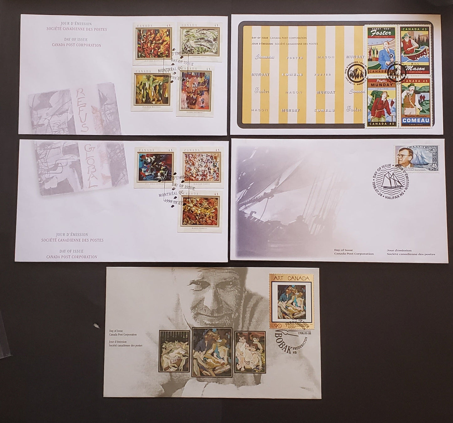 Canada #1738, 1743-1754 45c, 90c Multicoloured William Roue - The Farmer's Family, 1998 William Roue - Art Canada Issues, 5 VF Canada Post FDC's Franked With Singles & Block On HB & DF Envelopes