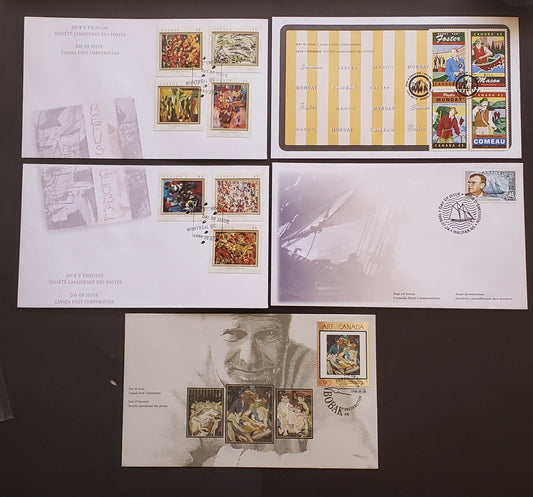 Canada #1738, 1743-1754 45c, 90c Multicoloured William Roue - The Farmer's Family, 1998 William Roue - Art Canada Issues, 5 VF Canada Post FDC's Franked With Singles & Block On HB & DF Envelopes