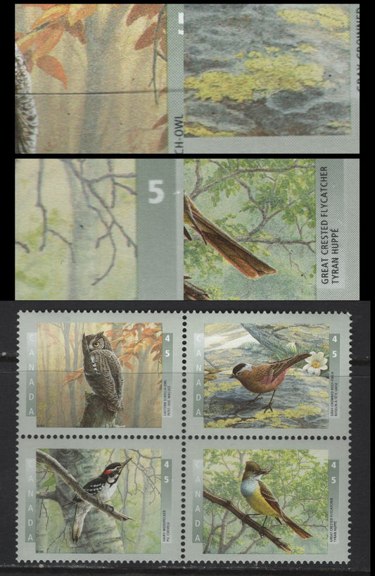 Lot 157 Canada #1713avar 45c 1998 Birds Of Canada Issue, A VFNH Se-Tenant Block Of 4 With Black Flies Variety On All 4 Stamps, Tertiary Or Constant, As I Saw The Identical Varieties On An FDC, But Thought It Was Cancel Spatter