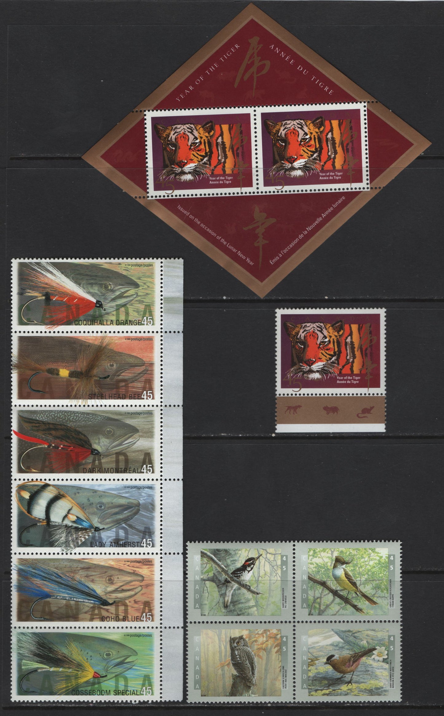 Canada #1708-a, 1713a, 1720a 45c Multicoloured Tiger & Chinese Characters - Cosseboom Special, 1998 Year Of The Tiger - Fishing Flies Issues, A VFNH Single, Souvenir Sheet, Block Of 4, & Booklet Pane
