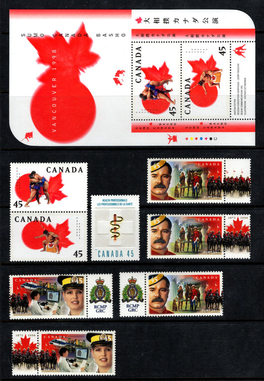 Canada #1724a-b, 1735-1737 45c 1998 Sumo Canada Basho - 125th Anniversary Of The RCMP, A VFNH Souvenir Sheet, Pair, Single & 5 Stamp-Label Pairs Representing All But One Of The Possible Stamp-Label Pairs For The RCMP Issue