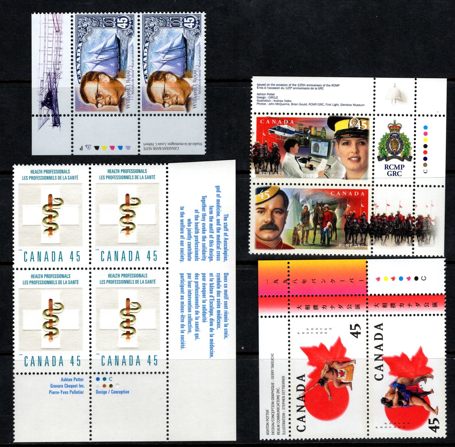 Canada #1724a, 1737a, 1735, 1738 45c Multicoloured Sumo Wrestlers - William Roue, 1998 Sumo Canada Basho - William Roue Issues, 3 VFNH Inscription Pairs & Inscription Block With Weak Tagging On Health Professionals Issue
