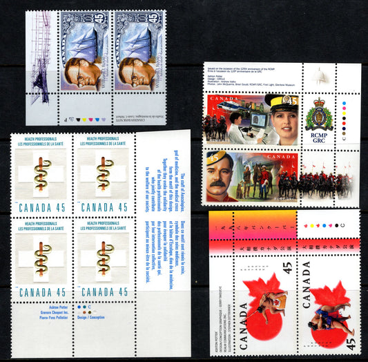 Canada #1724a, 1737a, 1735, 1738 45c Multicoloured Sumo Wrestlers - William Roue, 1998 Sumo Canada Basho - William Roue Issues, 3 VFNH Inscription Pairs & Inscription Block With Weak Tagging On Health Professionals Issue