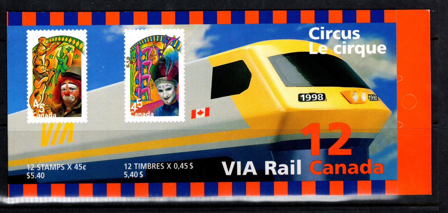 Canada #BK210a 45c Multicoloured Clowns, 1998 Circus Issue, A VFNH Complete Booklet Of 12 HB Sealed Cover (Field Stock)