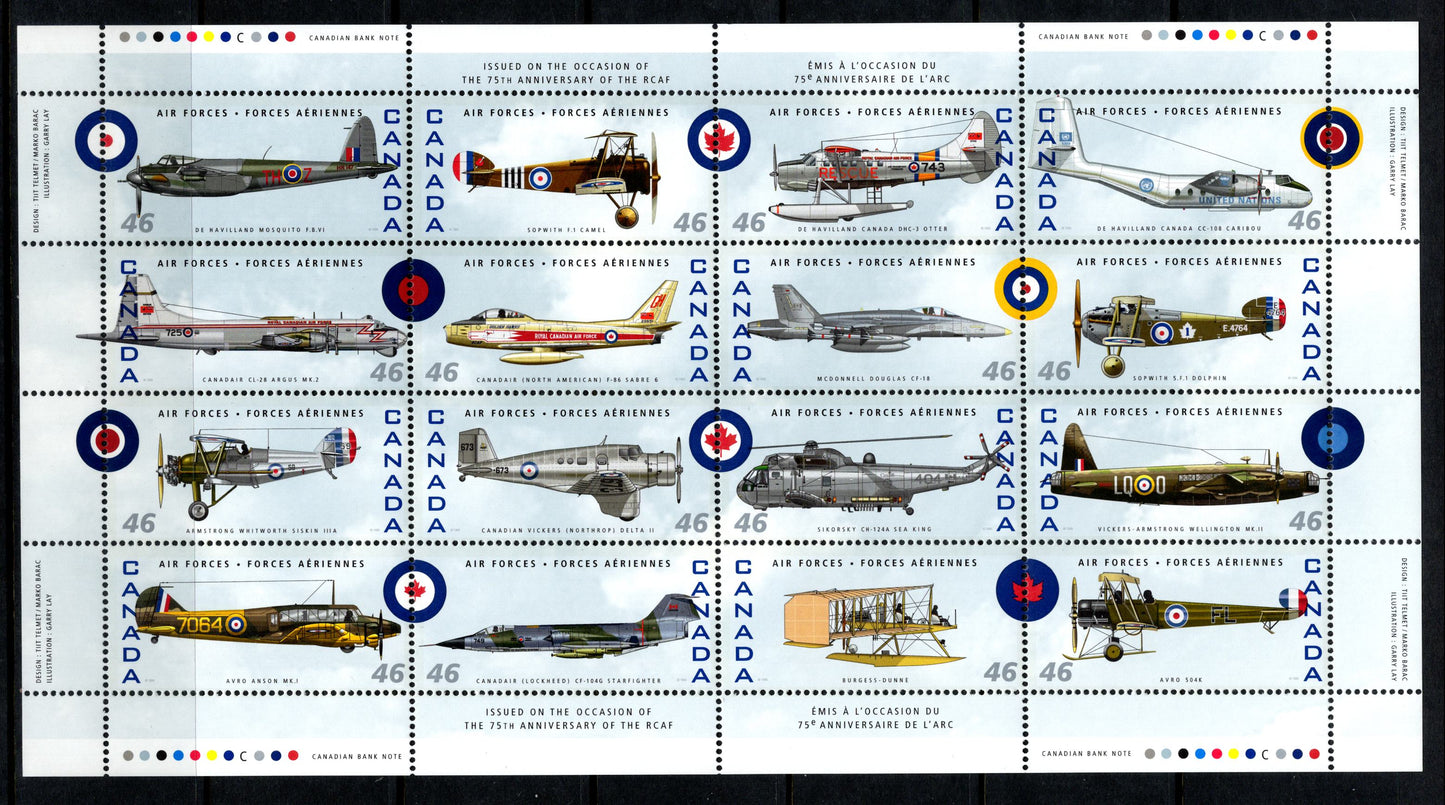 Lot 78 Canada #1808  Multicoloured De Havilland Mosquito FB VI - Avro 504K, 1999 Canadian Air Forces Issue, A VFNH Full Inscription Sheet Of 16