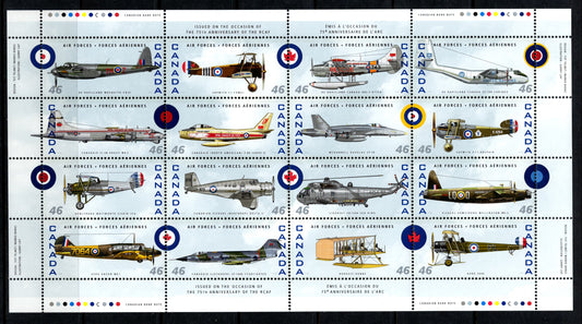 Lot 78 Canada #1808  Multicoloured De Havilland Mosquito FB VI - Avro 504K, 1999 Canadian Air Forces Issue, A VFNH Full Inscription Sheet Of 16