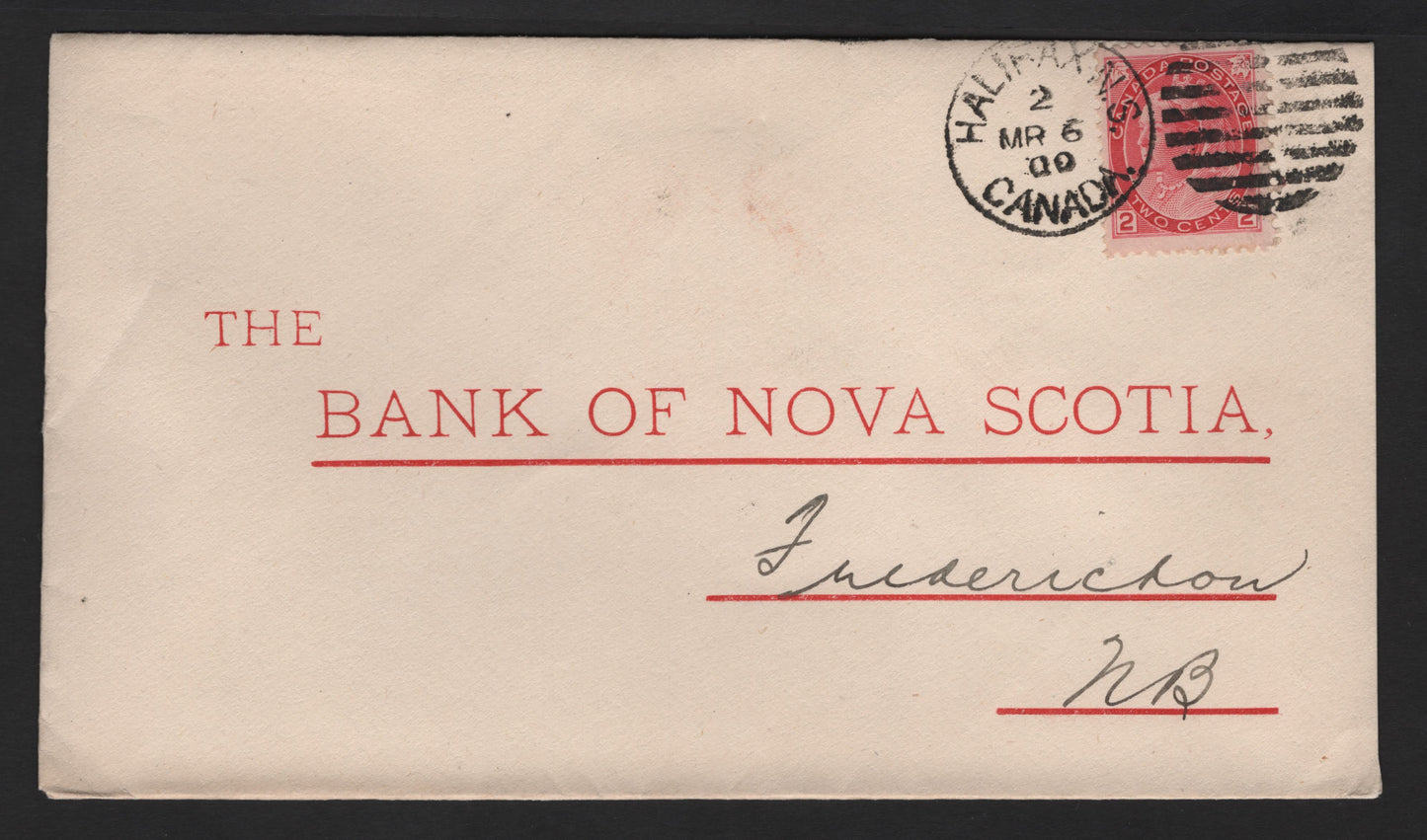 Canada #77 2c Carmine Red Queen Victoria, 1898-1902 Numeral Issue, A Used Single On Cover Thermographed Bank Of Nova Scotia Reply Envelope, Sent From Halifax To Fredericton, NB