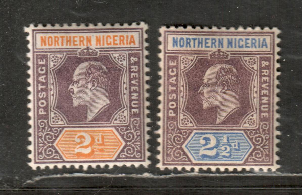 Lot 158 Northern Nigeria SG #22-23 2d Dull Reddish Purple & Pale Orange, 2 1/2d Dull Reddish Purple & Ultramarine King Edward VII, 1905-1907 Imperium Keyplates Issue With Multiple Crown CA Wmk On Ordinary Paper, 2 VFOG Singles