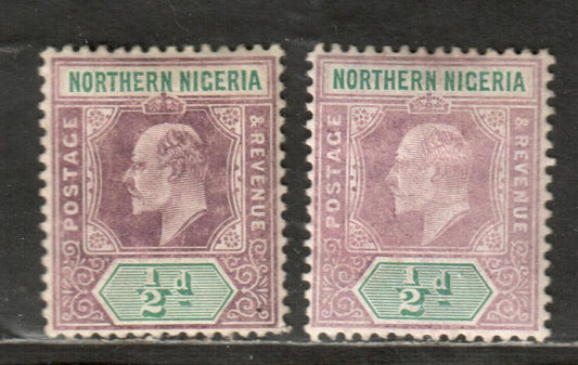 Northern Nigeria SG #20a 1/2d Pale Dull Purple & Green And Dull Purple & Green King Edward VII, 1905-1907 Imperium Keyplates Issue With Multiple Crown CA Wmk On Chalky Paper, 2 VFOG Singles 278,280 Were Issued From 1 Printing, Yeilding 2 Shades