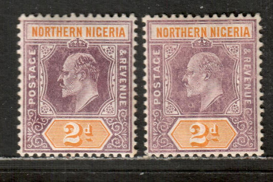 Northern Nigeria SG #22a 2d Pale Dull Purple & Yellow Orange, Dull Purple & Yellow Orange King Edward VII, 1905-1907 Imperium Keyplates Issue With Multiple Crown CA Wmk On Chalky Paper, 2 FOG Singles Shade Variations Of The June 1908 Printing