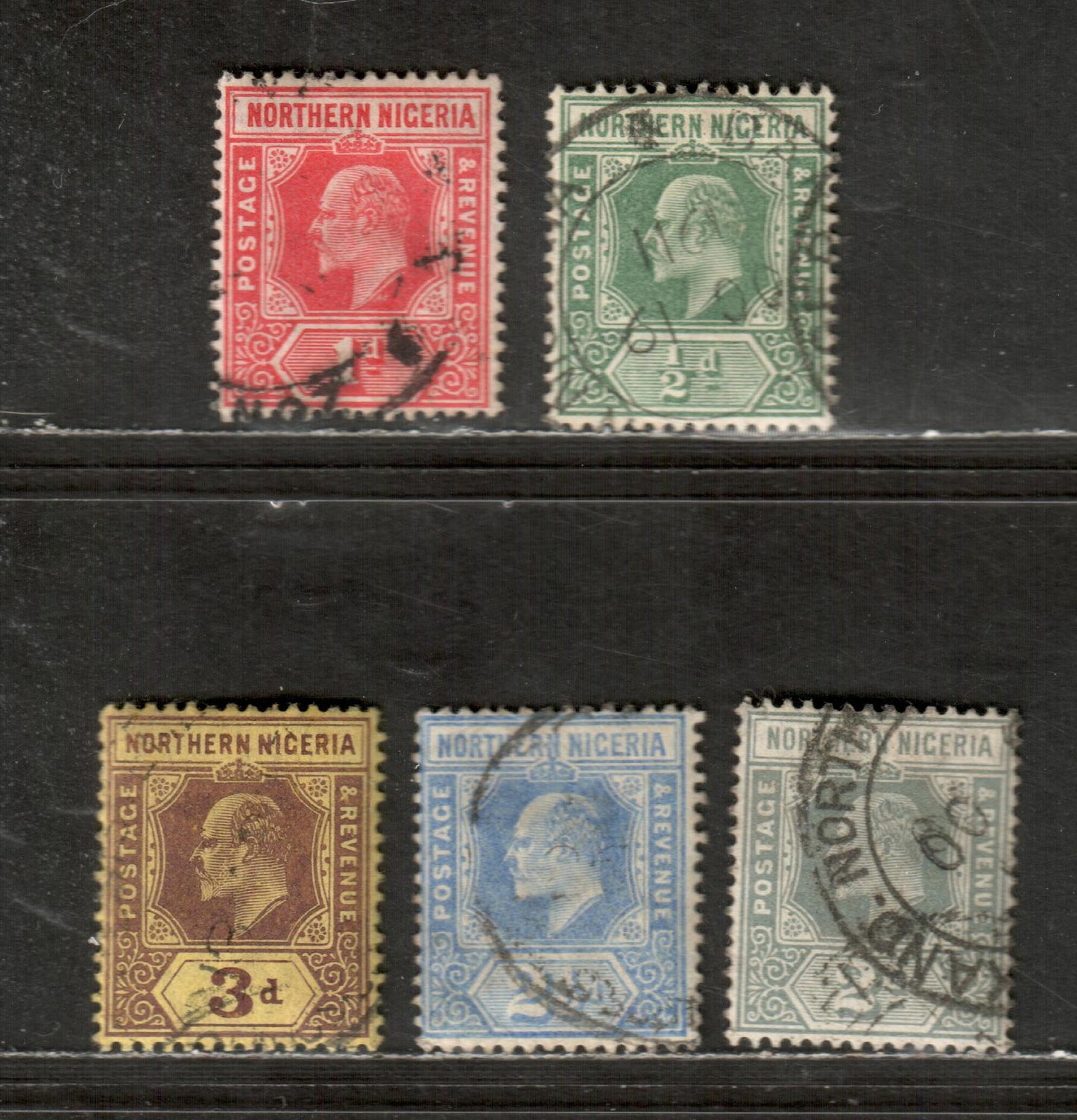 Northern Nigeria SG #28-32  King Edward VII, 1910-1911 Imperium Keyplates Issue In "Universal Colours" With Multiple Crown CA Wmk, 5 F & VF Used Singles 1/2d Dull Green - 3d Brown On Yellow