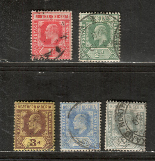 Northern Nigeria SG #28-32  King Edward VII, 1910-1911 Imperium Keyplates Issue In "Universal Colours" With Multiple Crown CA Wmk, 5 F & VF Used Singles 1/2d Dull Green - 3d Brown On Yellow