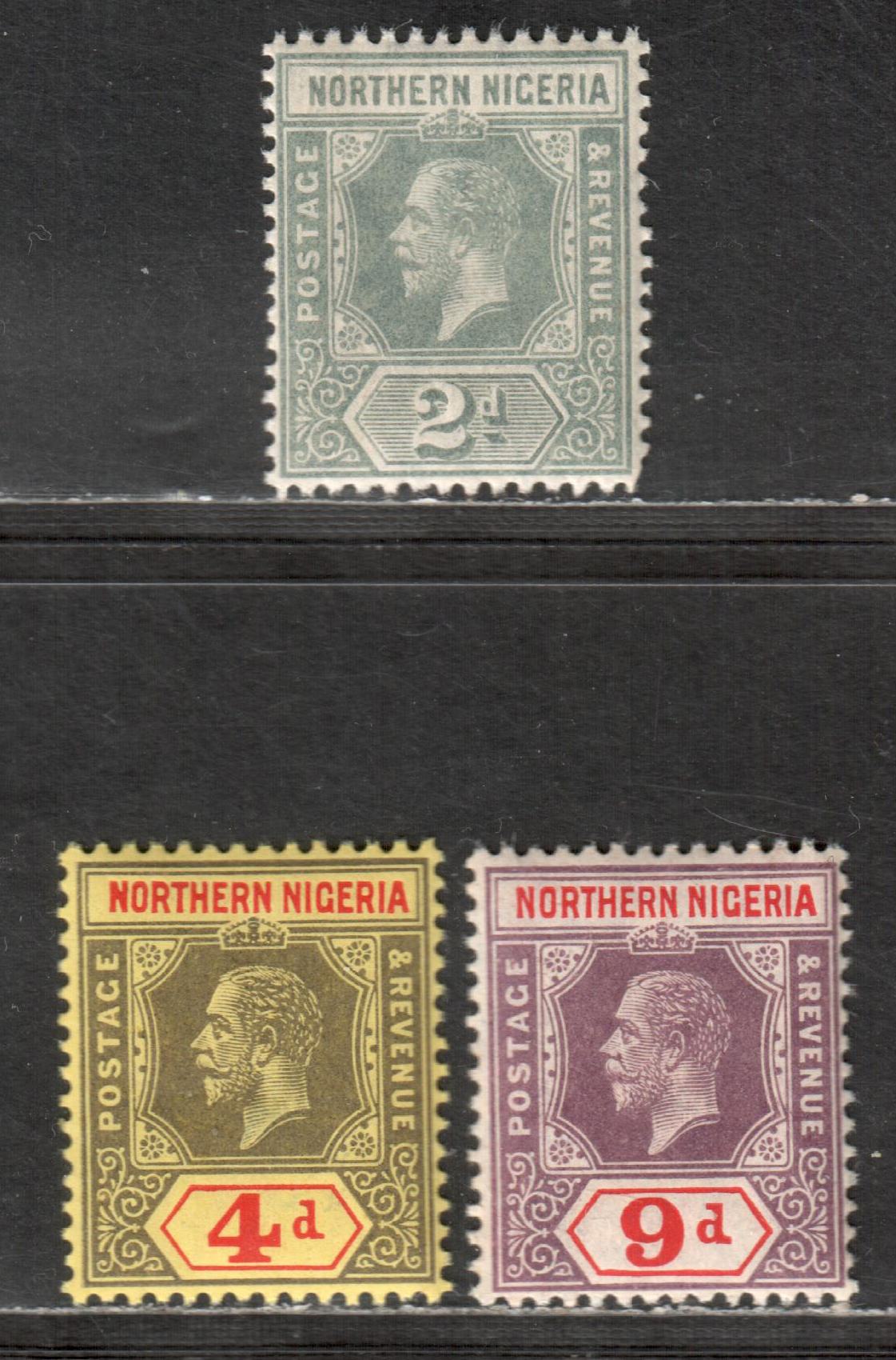 Lot 159 Northern Nigeria SG #42,44,47 2d Grey, 4d Grey & Red On Yellow, 9d Purple & Red King George V, 1912-1913 Imperium Keyplates Issue With Multiple Crown CA Wmk, 3 F&VF NH Singles