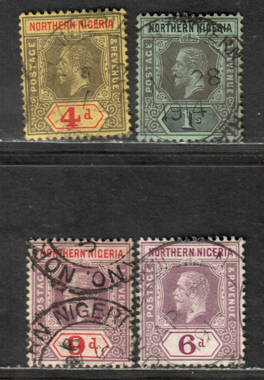 Northern Nigeria SG #44,46-48  King George V, 1912-1913 Imperium Keyplates Issue With Multiple Crown CA Wmk, 4 Very Fine Used Singles 4d Grey & Red On Yellow - 1/- Grey & Black On Blue Green
