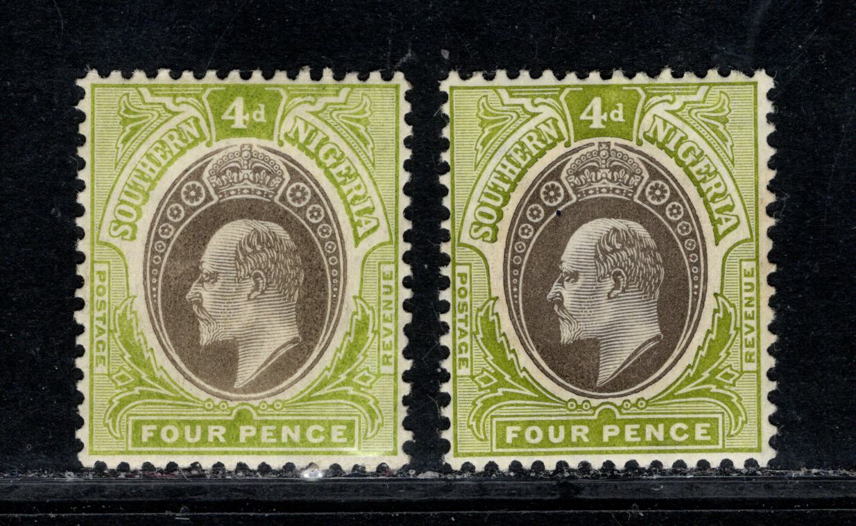Lot 81 Southern Nigeria SG#26a 4d Brownish Gray & Pale Olive Green And Deep Gray & Olive Green 1905-1906 King Edward VII Keyplates Issue, Multiple Crown CA Wmk, Chalky Paper, Head A, 2 VFOG Singles, Estimated Value $60