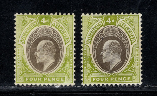 Lot 81 Southern Nigeria SG#26a 4d Brownish Gray & Pale Olive Green And Deep Gray & Olive Green 1905-1906 King Edward VII Keyplates Issue, Multiple Crown CA Wmk, Chalky Paper, Head A, 2 VFOG Singles, Estimated Value $60