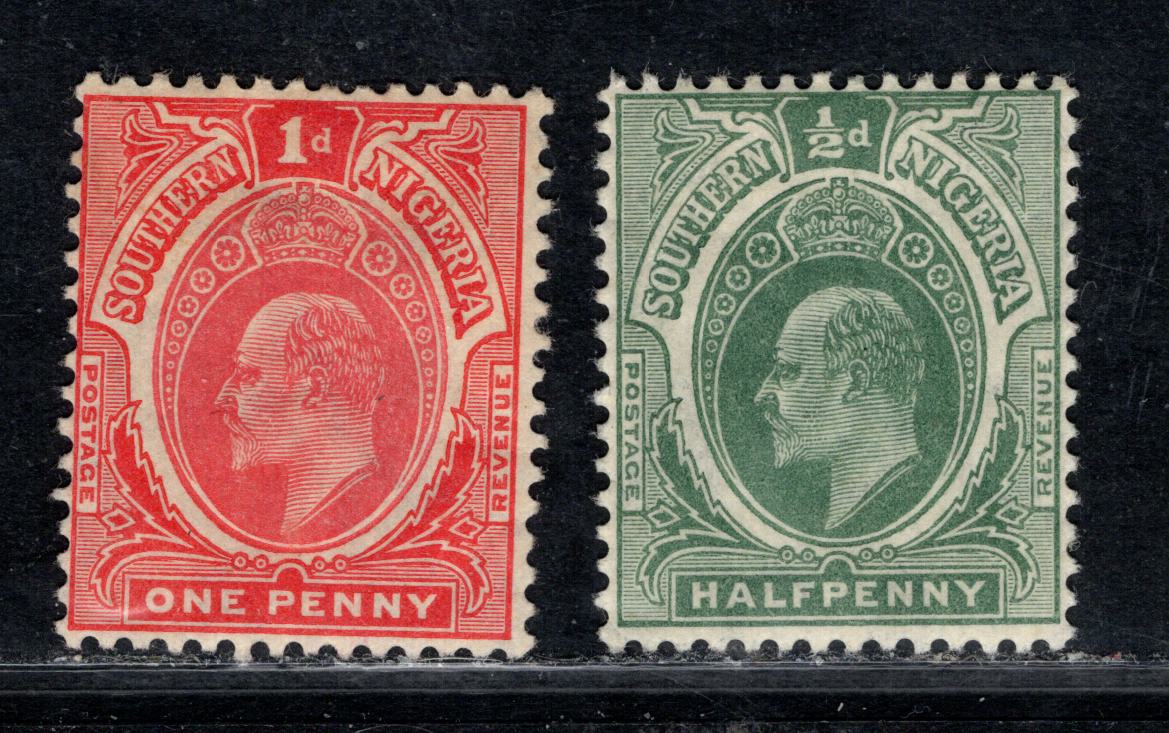 Lot 159 Southern Nigeria SG#33a-34a 1907 King Edward VII Keyplates Issue With Universal Colors, Multiple Crown CA Wmk, Chalky Paper, Head A, 2 F/VFOG Singles, Click on Listing to See ALL Pictures, Estimated Value $30