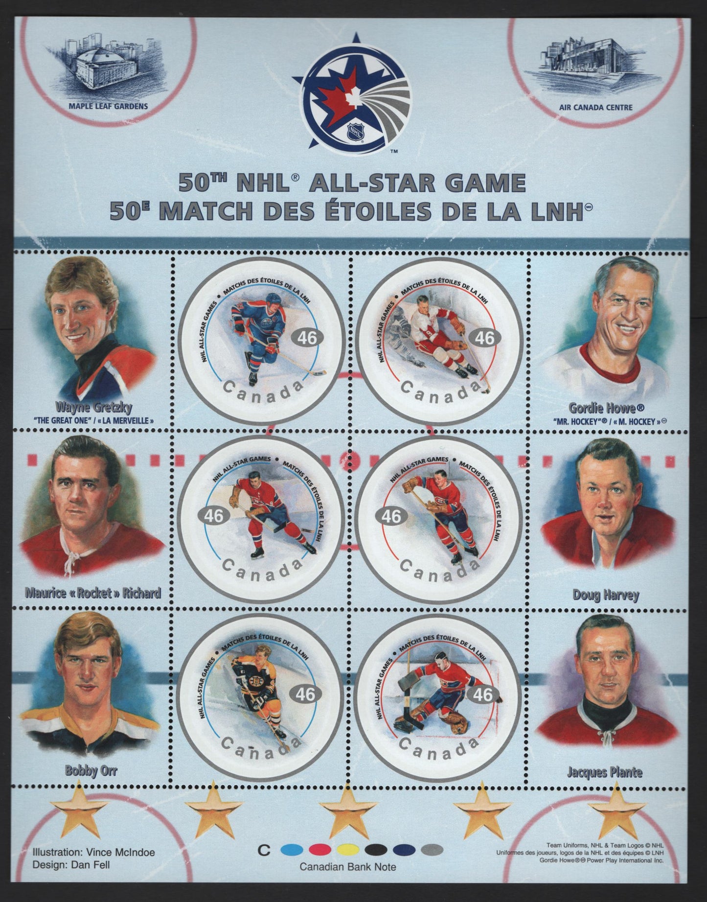 Canada #1838 46c Multicoloured Wayne Gretzky - Jacques Plante, 2000 NHL All Stars Issue, A VFNH Miniature Sheet Of 6 + 6 Labels On DF1/DF2 TRC Paper