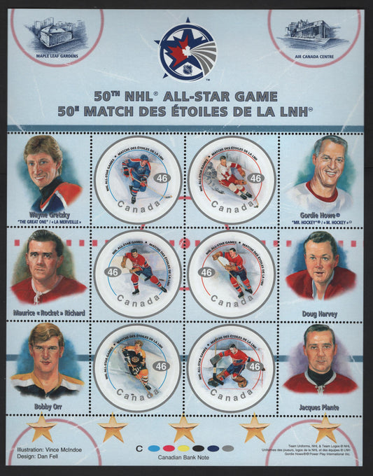 Canada #1838 46c Multicoloured Wayne Gretzky - Jacques Plante, 2000 NHL All Stars Issue, A VFNH Miniature Sheet Of 6 + 6 Labels On DF1/DF2 TRC Paper