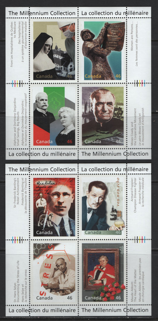 Canada #1822-1823 46c Multicoloured Medical Innovators & Social Progress, 2000 The Millennium Collection Issue, 2 VFNH Miniature Sheets Of 4 On NF/DF1 TRC Paper
