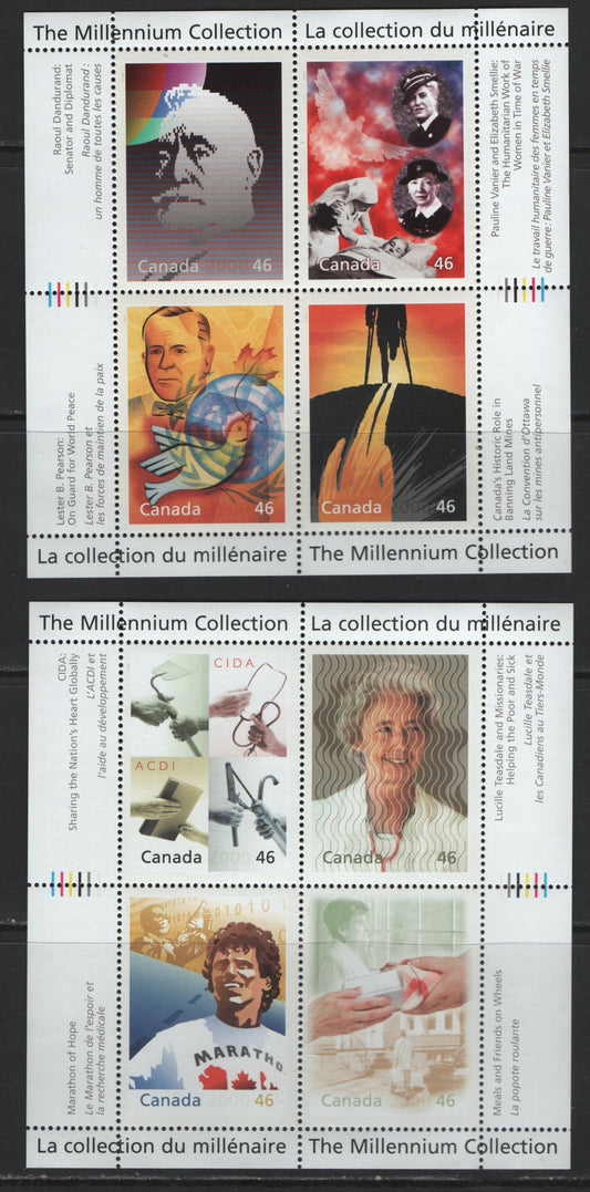Canada #1824-1825 46c Multicoloured Hearts Of Gold - Humanitarians & Peacekeepers, 2000 The Millennium Collection Issue, 2 VFNH Miniature Sheets Of 4 On NF/DF1 TRC Paper