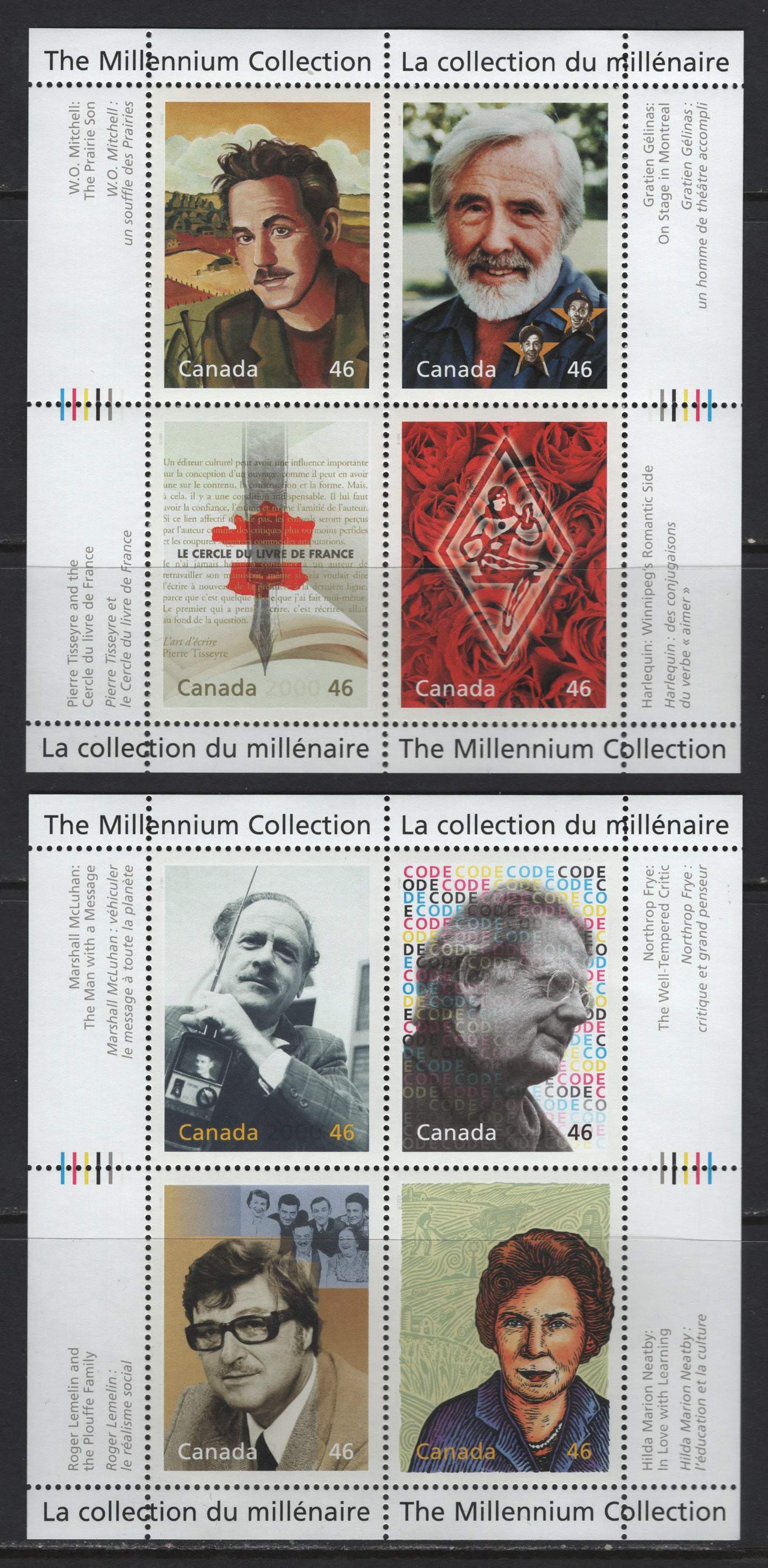 Canada #1828-1829 46c Multicoloured Literary Legends & Great Thinkers, 2000 The Millennium Collection Issue, 2 VFNH Miniature Sheets Of 4 On NF/DF1 TRC Paper