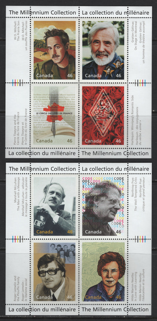 Canada #1828-1829 46c Multicoloured Literary Legends & Great Thinkers, 2000 The Millennium Collection Issue, 2 VFNH Miniature Sheets Of 4 On NF/DF1 TRC Paper