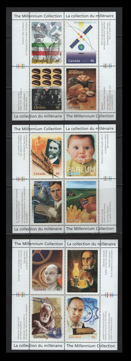 Canada #1832-1834 46c Multicoloured Fathers Of Invention - Enterprising Giants, 2000 The Millennium Collection Issue, 3 VFNH Miniature Sheets Of 4 On NF/DF1 TRC Paper