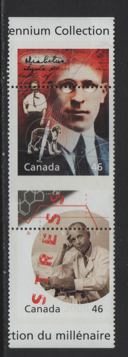 Canada #1822b,dvar 46c Multicoloured Sir Frederic Banting & Dr. Hans Selye, 2000 The Millennium Collection Issue, A VFNH Vertical Pair With Perforation Shift Resulting In G4dH and G4cT Tagging Errors, Small Tear In Selvedge At Top