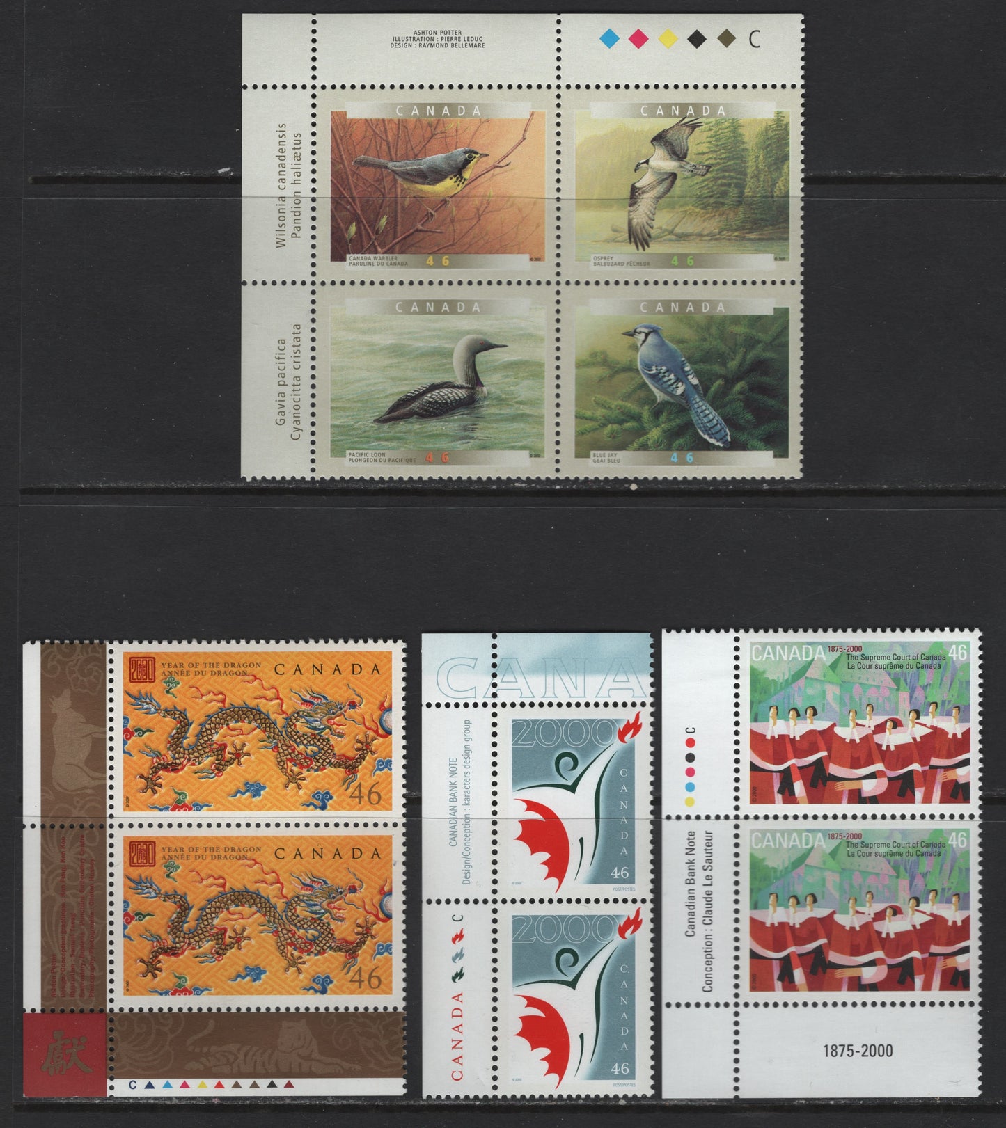 Canada #1835-1836, 1842a, 1847 46c Multicoloured Millennium Partnership Logo - Supreme Court Justices, 2000 Millennium Partnership Program - The Supreme Court Of Canada, 3 VFNH Inscription Pairs & Block