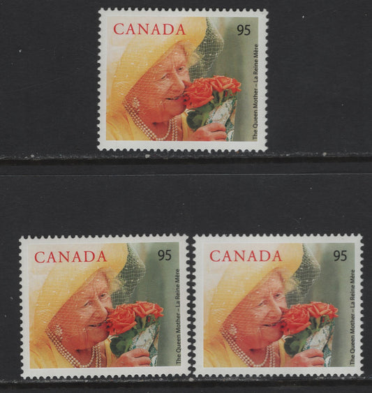 Canada #1856-1856i 95c Multicoloured The Queen Mother, 2000 A Royal Centenarian Issue, 3 VFNH Singles On Fluorescent, DF And Scarce Unlisted MF Backed TRC Papers