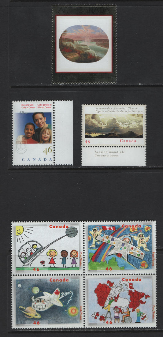 Canada #1857-1863 46c-95c Multicoloured Children - The Artist At Niagara, 2000 Boys & Girls Clubs Of Canada & Art Canada Issue, 3 VFNH Singles & Se-Tenant Block