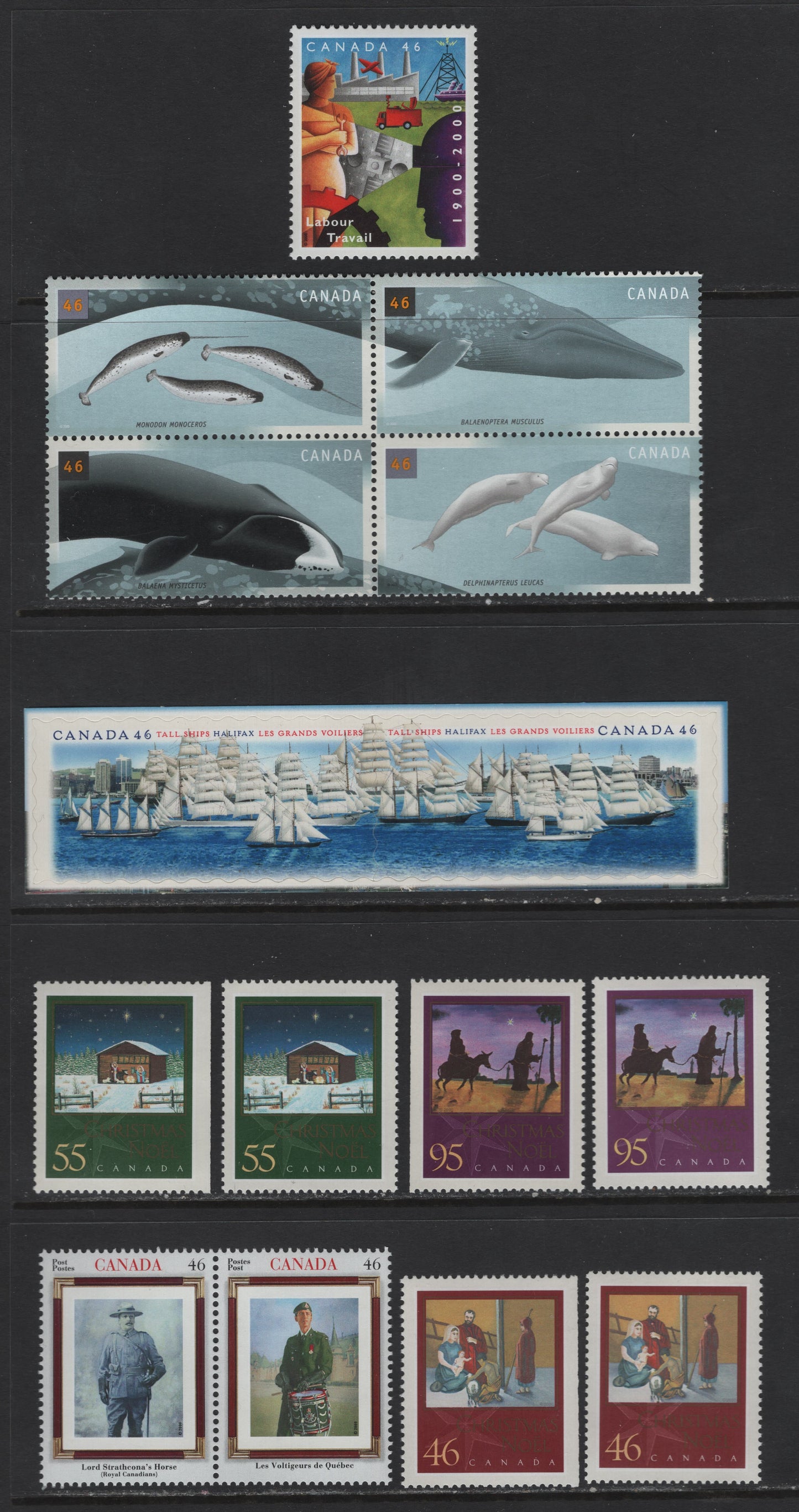 Canada #1865a-1866, 1871a, 1873-1877a, 1873as-1875as 46c-95c Multicoloured Tall Ships - Les Voltigeurs De Quebec, 2000 Tall Ships Visit - Canadian Regiments Issues, 7 VFNH Singles, 2 Pairs & Se-Tenant Block Of 4