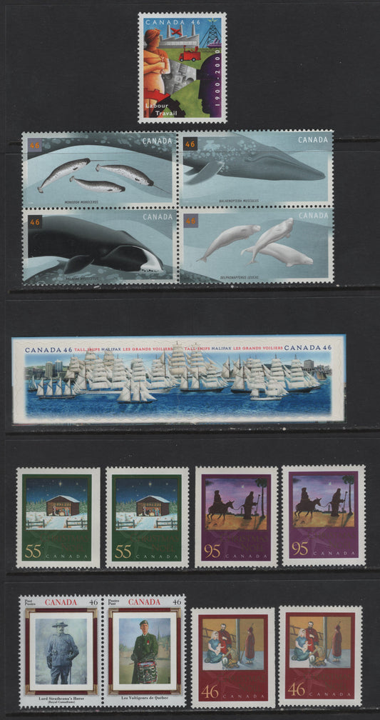 Canada #1865a-1866, 1871a, 1873-1877a, 1873as-1875as 46c-95c Multicoloured Tall Ships - Les Voltigeurs De Quebec, 2000 Tall Ships Visit - Canadian Regiments Issues, 7 VFNH Singles, 2 Pairs & Se-Tenant Block Of 4