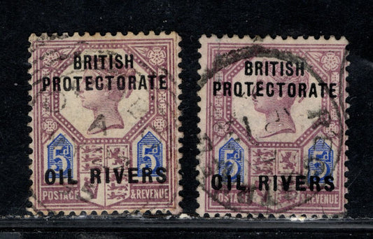 Niger Coast Protectorate SG#5 5d Dull Purple & Ultramarine Queen Victoria, 1892-1894 Overprinted 1887 Jubilee Issue, 2 Fine/Very Fine Used Singles From Columns 5&11 (B&H Raised Slightly) & 6&12 (B Level & H Raised),