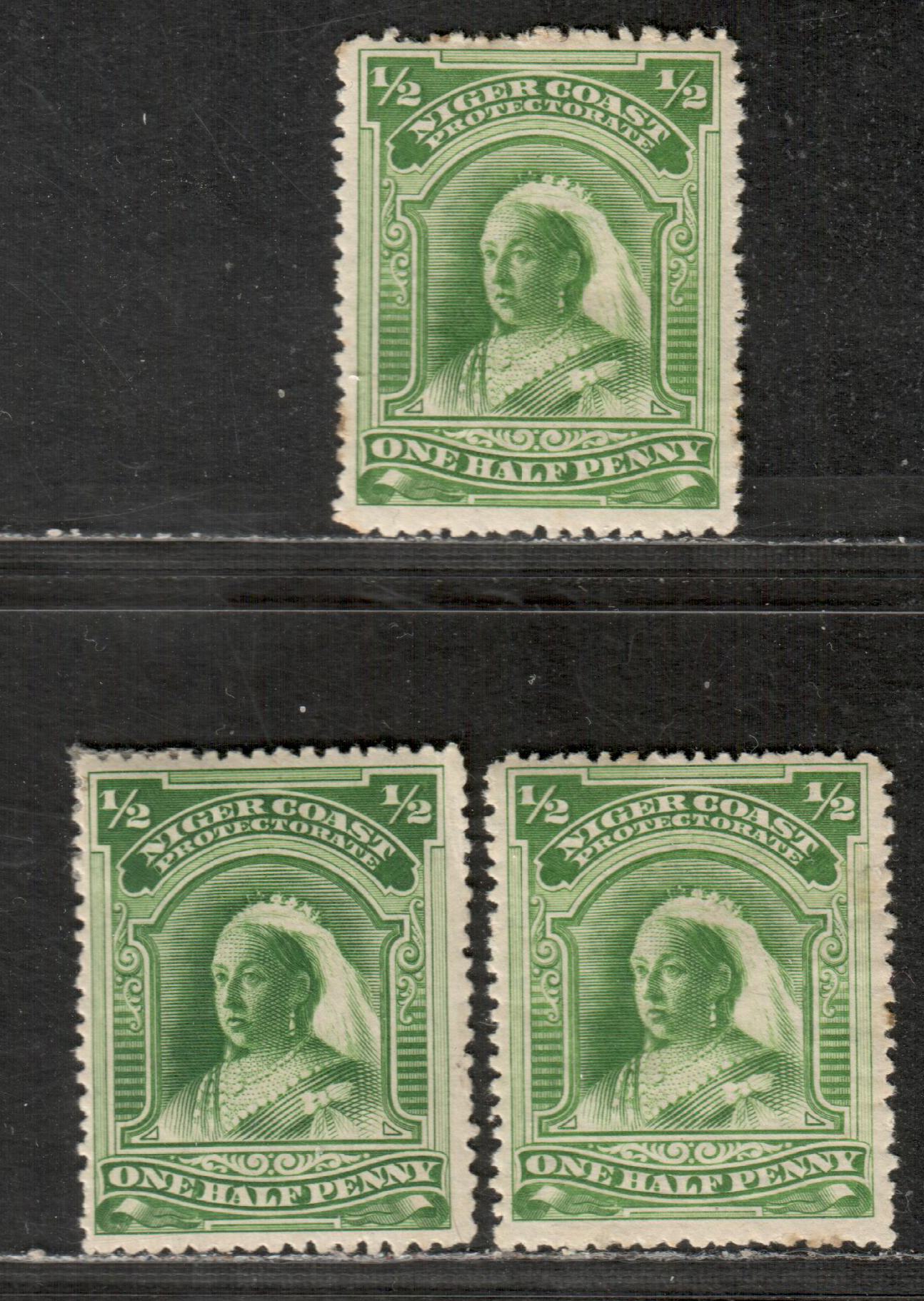 Niger Coast Protectorate SG#51c 1/2d Deep Yellow Green, Green & Yellow Green Queen Victoria, 1894-1895 Unwatermarked Waterlow Widow's Weeds Issue, 3 3 Fine OG Singles On Horizontal & Vertical Wove Paper
